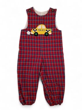 Kelly’s Kids Red Plaid Taxi Applique Overall Romper Boys 4T USA Vintage 80s/90s